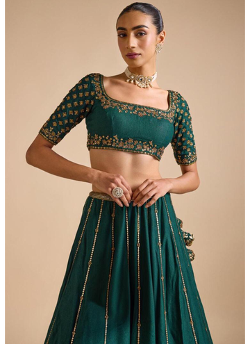 Attractive Sequence Embroidery Work Bottle Green Silk Lehenga Choli